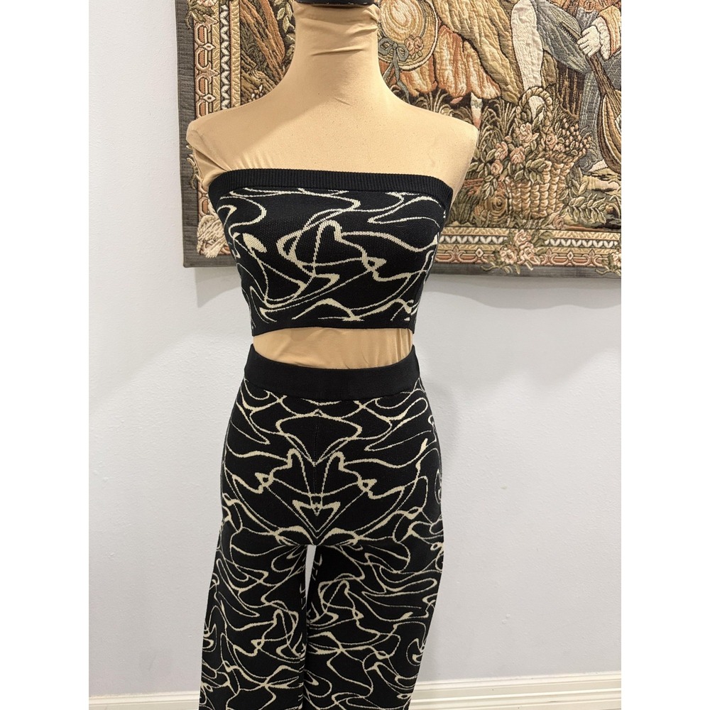 Forever 21 Two Piece Set Womens Small Black Abstract Tube Top Wide Leg Pants